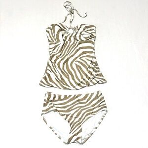 Michael Kors Tankini Tan & White Animal Print Gold Ring 2 Piece Swimsuit Size S